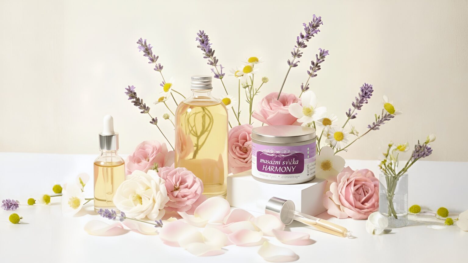 Masážní svíčka Harmony s přírodními oleji a květinami, aromaterapie a péče o pokožku